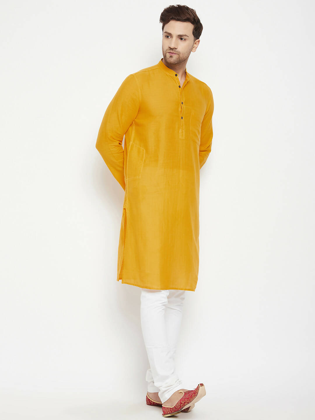 Even Apparels Yellow Pure Cotton Long Men's Kurta With Band Collar | Grocsy