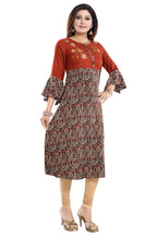 Snehal Creations Rust Rayon Printed Flared Long Tunic | Grocsy