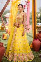 Jyoti Fashion Yellow Thread with Mirror Embroidery Georgette Lehenga Choli with Dupatta | Grocsy