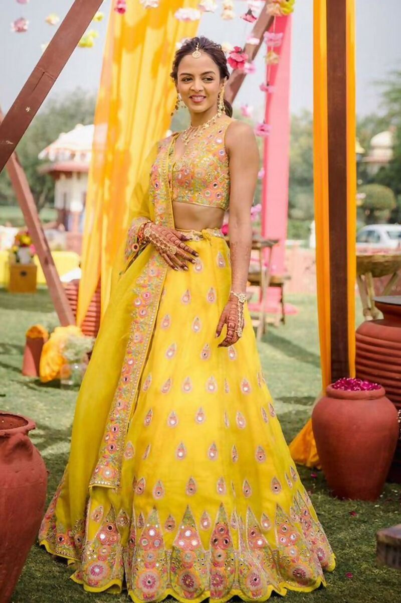 Jyoti Fashion Yellow Thread with Mirror Embroidery Georgette Lehenga Choli with Dupatta | Grocsy