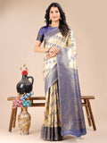 Shree Shyam Fashion Aura Silk Cream Navy Blue Banarasi Silk Saree | Grocsy