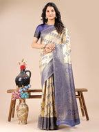 Shree Shyam Fashion Aura Silk Cream Navy Blue Banarasi Silk Saree | Grocsy