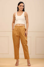 Juniper Women's Gold Cotton Twill Lycra Solid Straight Pant | Grocsy