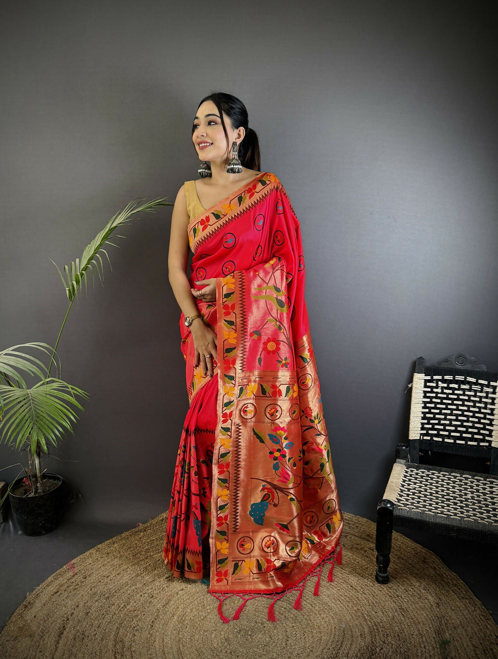 Joban Fashion Red Paithani Soft Silk Meenakari Saree | Grocsy