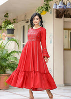 Kaajh Women's Red Mirror Embroidered Cotton Ethnic Dress | Grocsy