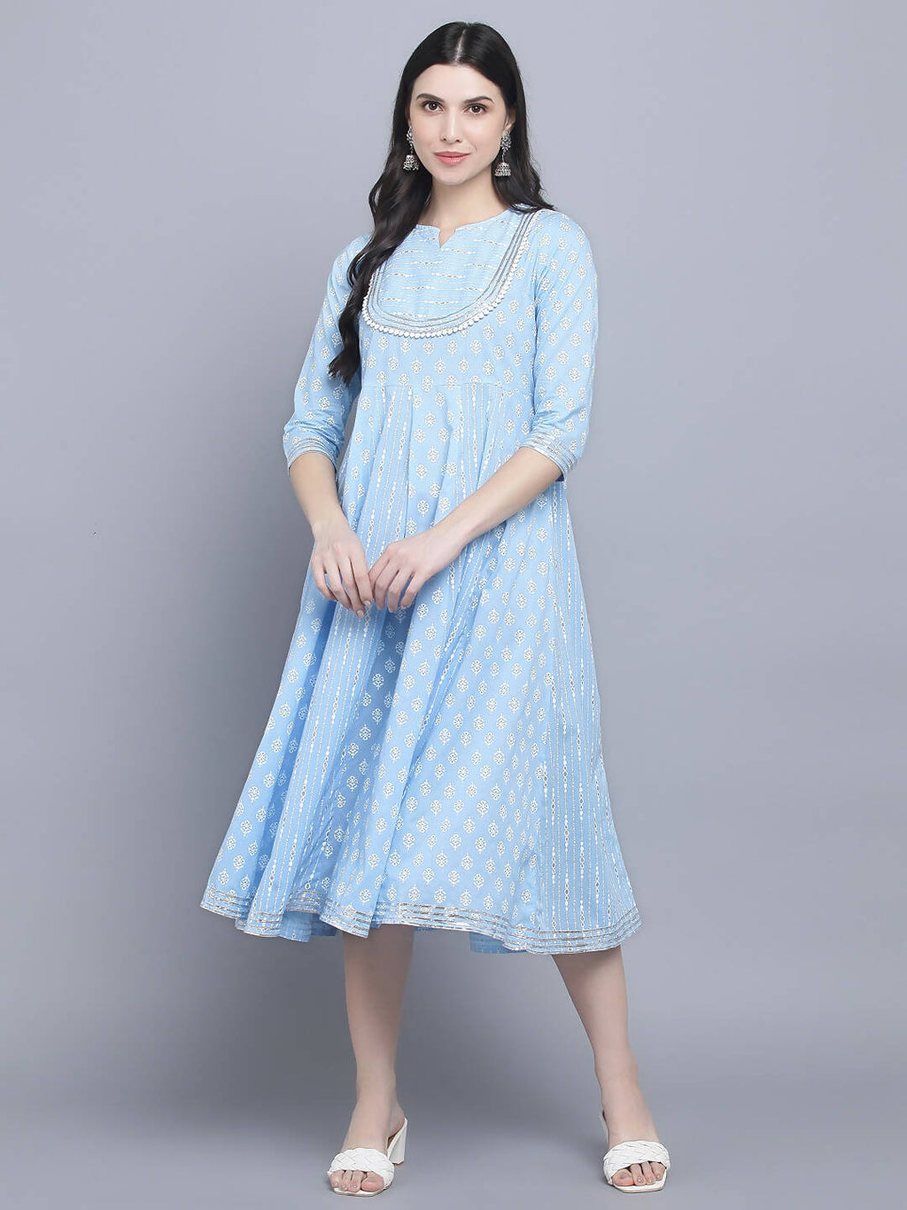 Myshka Women's Blue Ethnic Motifs Empire Midi Dress | Grocsy