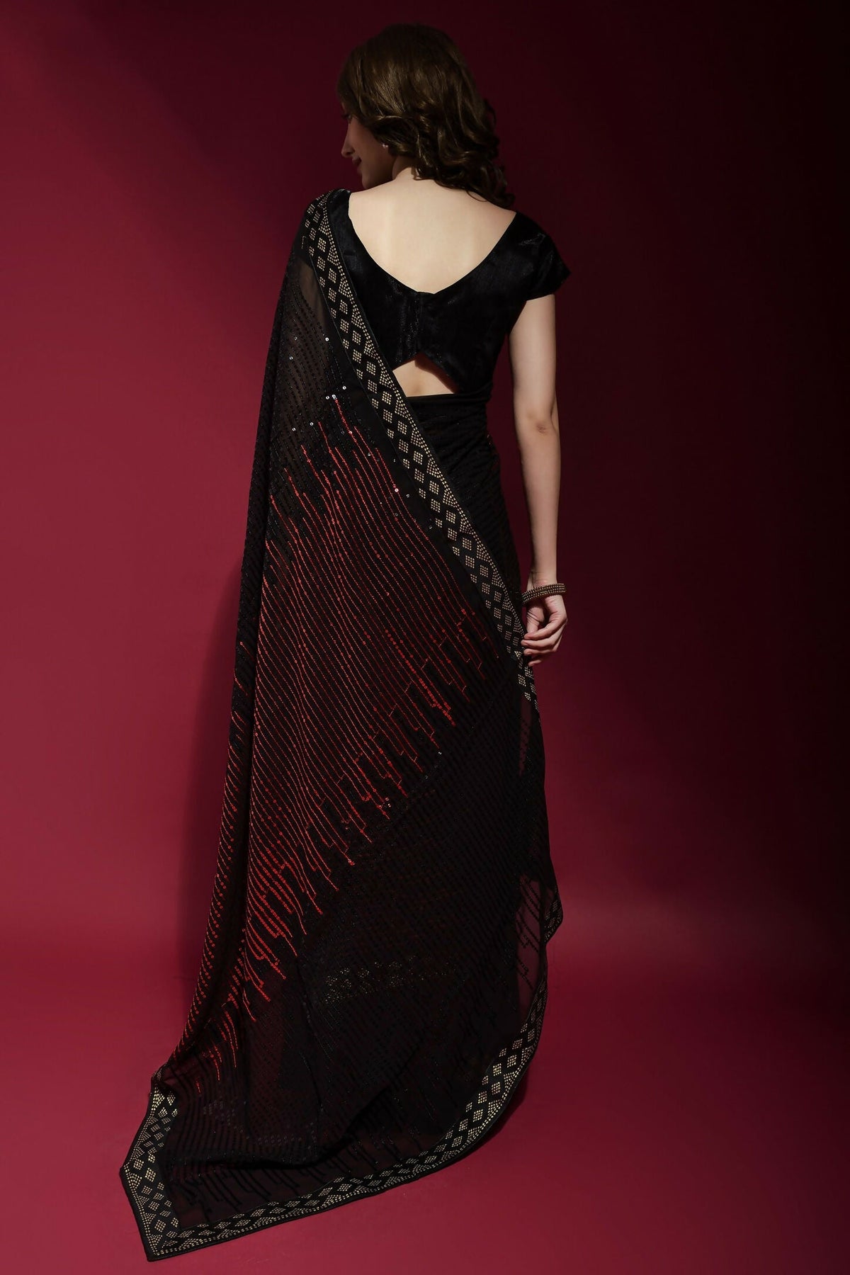 Vegaa Fashion Black Georgette Embroidered Party Wear Saree | Grocsy