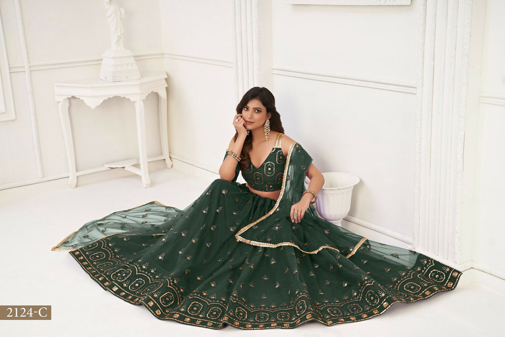 Eilara Women'S Dark Green Butterfly Net With Tone Thread Work And Sandwich Embroidered Work Lehenga Choli For Wedding | Grocsy