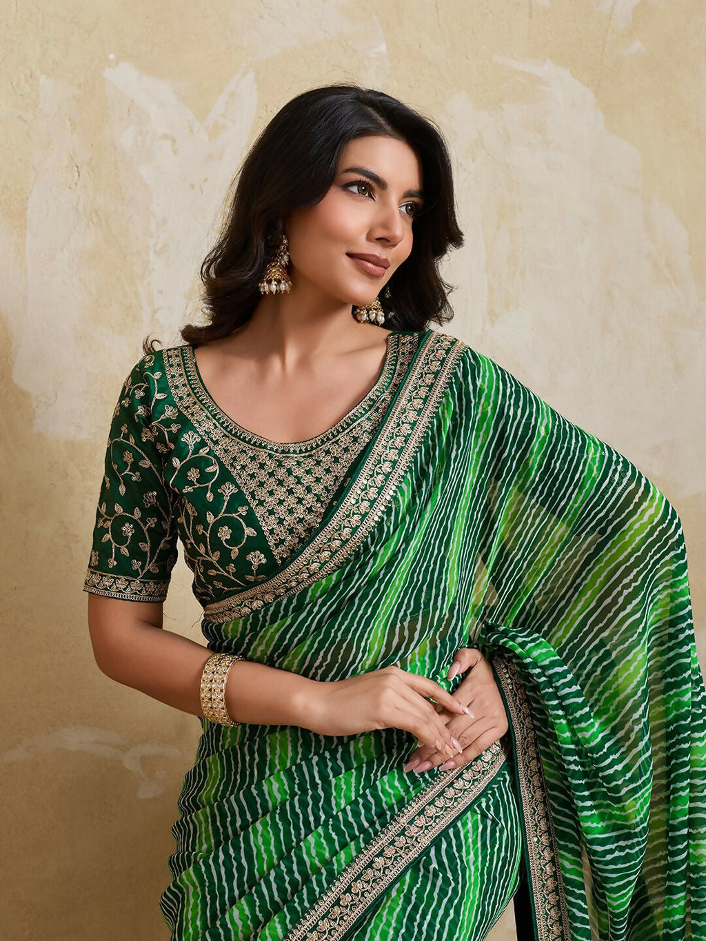 Teeya Creation New Trendy Leheriya Bandhani Georgette Saree For Daily Wear -Green | Grocsy