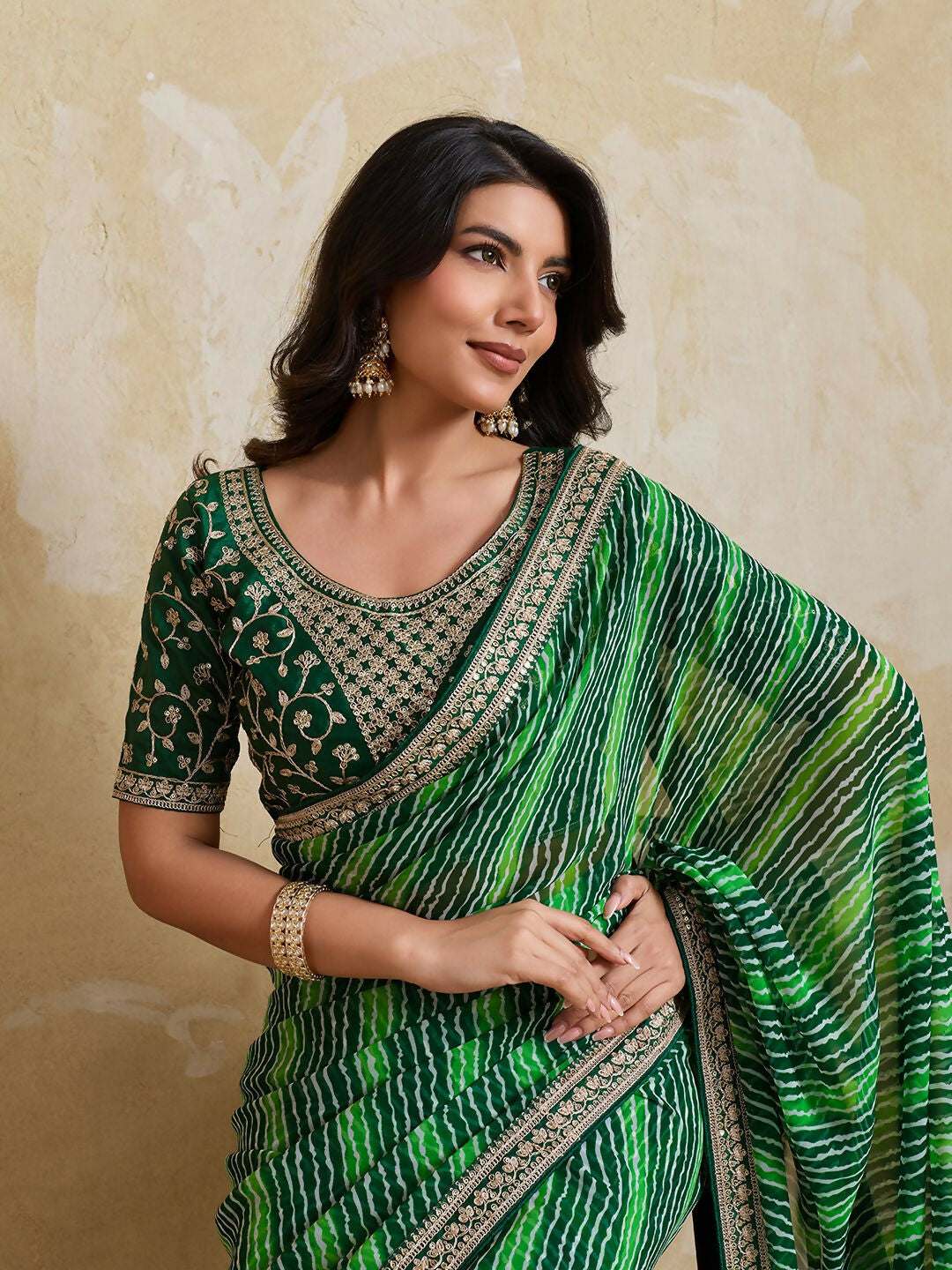 Teeya Creation New Trendy Leheriya Bandhani Georgette Saree For Daily Wear -Green | Grocsy