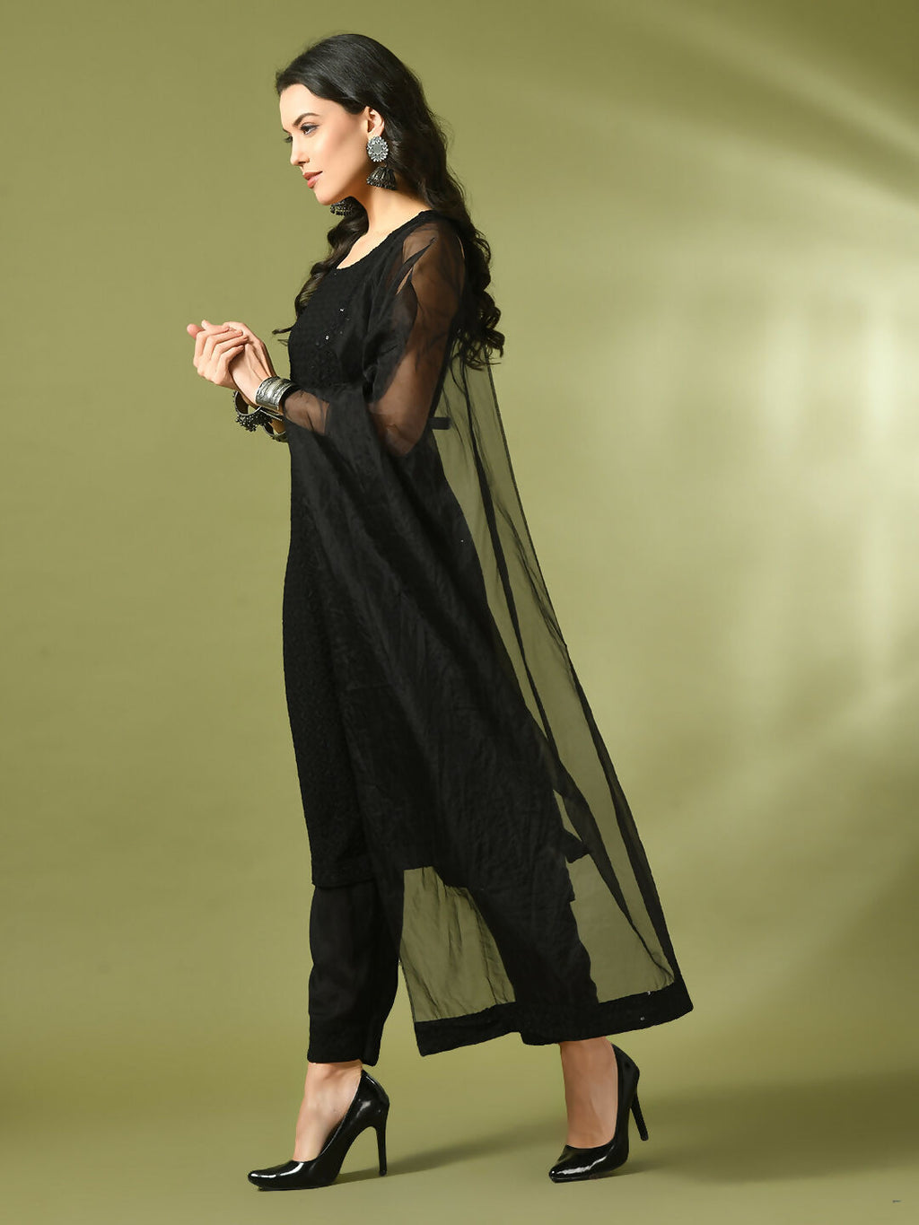 Myshka Women's Black Embroidered Cotton Straight Party Kurta Set With Dupatta | Grocsy