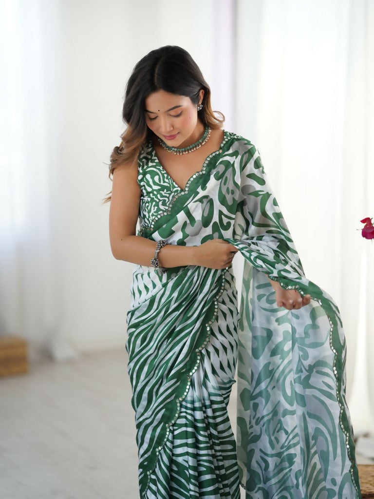 Green Chinon Designer Digital Printed,Mirror Cut Work Saree - Sohni | Grocsy