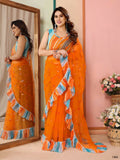 Partywear Designer Orange Net Fancy Saree - Dyuti | Grocsy
