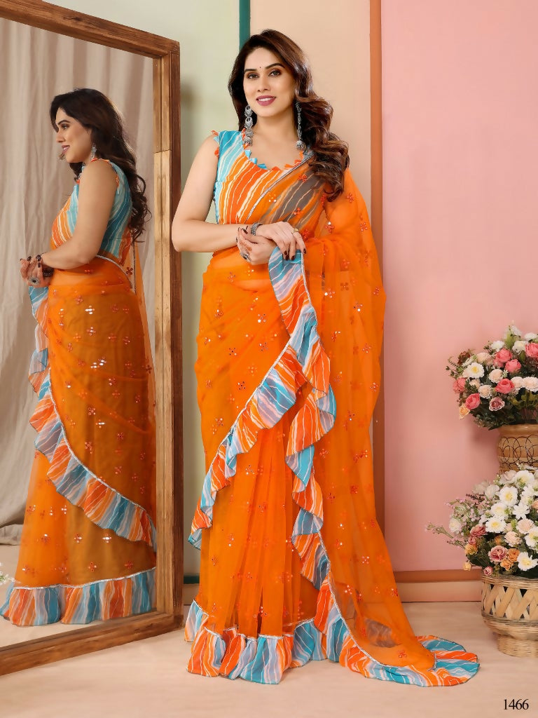 Partywear Designer Orange Net Fancy Saree - Dyuti | Grocsy