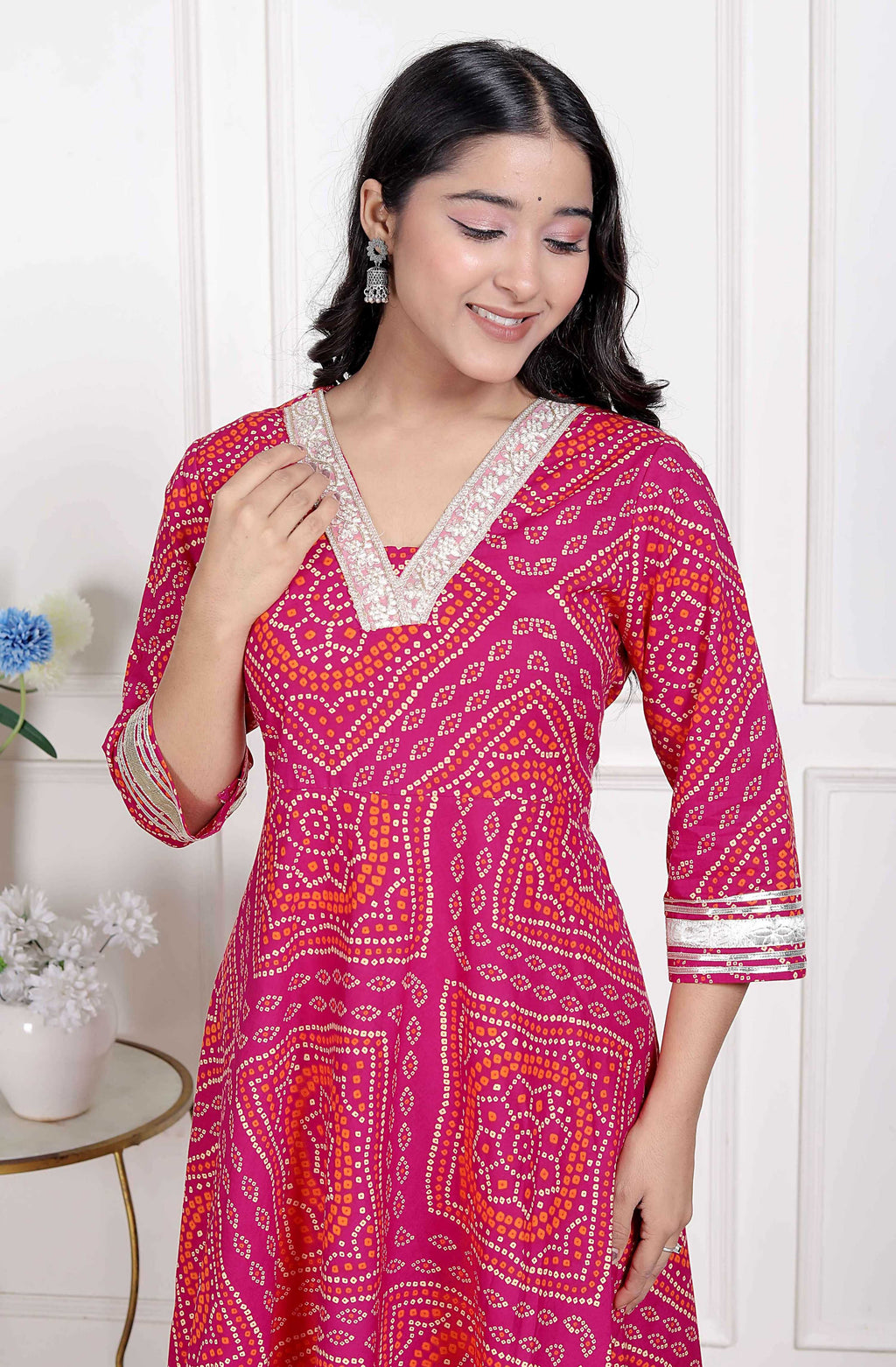 Miravan Women's Pink Cotton Bandhani Ethnic Anarkali Kurta | Grocsy