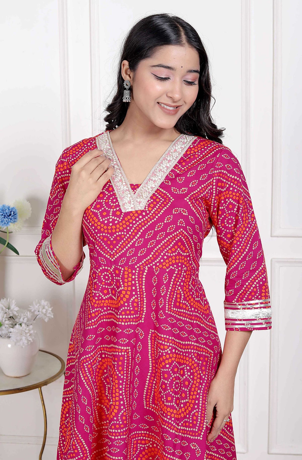 Miravan Women's Pink Cotton Bandhani Ethnic Anarkali Kurta | Grocsy