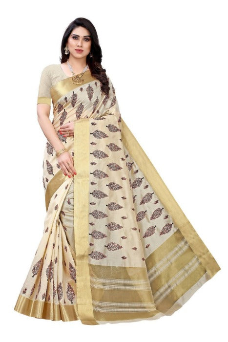 Vamika Cotton Polyester Silk Weaving Cream Saree (KERALA CRISMISTMAS) | Grocsy
