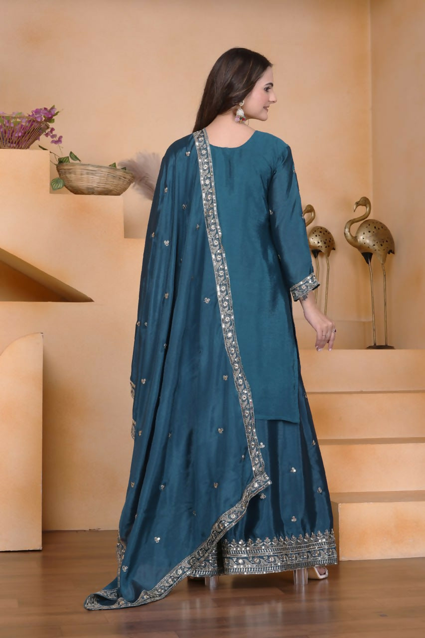 Teeya Creation Teal Color Chinon Silk Wedding Wear Trending Palazzo Set | Grocsy
