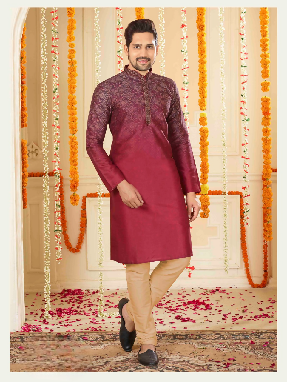 Joban Fashion Maroon Art Silk Digital Print Kurta Pyjama | Grocsy
