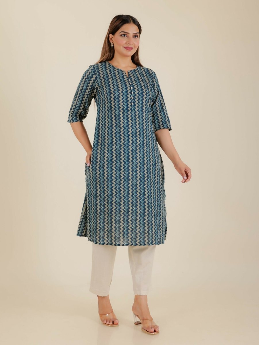 Aramya Blue Soft Cotton Chevron Print A-line Kurta Set for Women | Grocsy