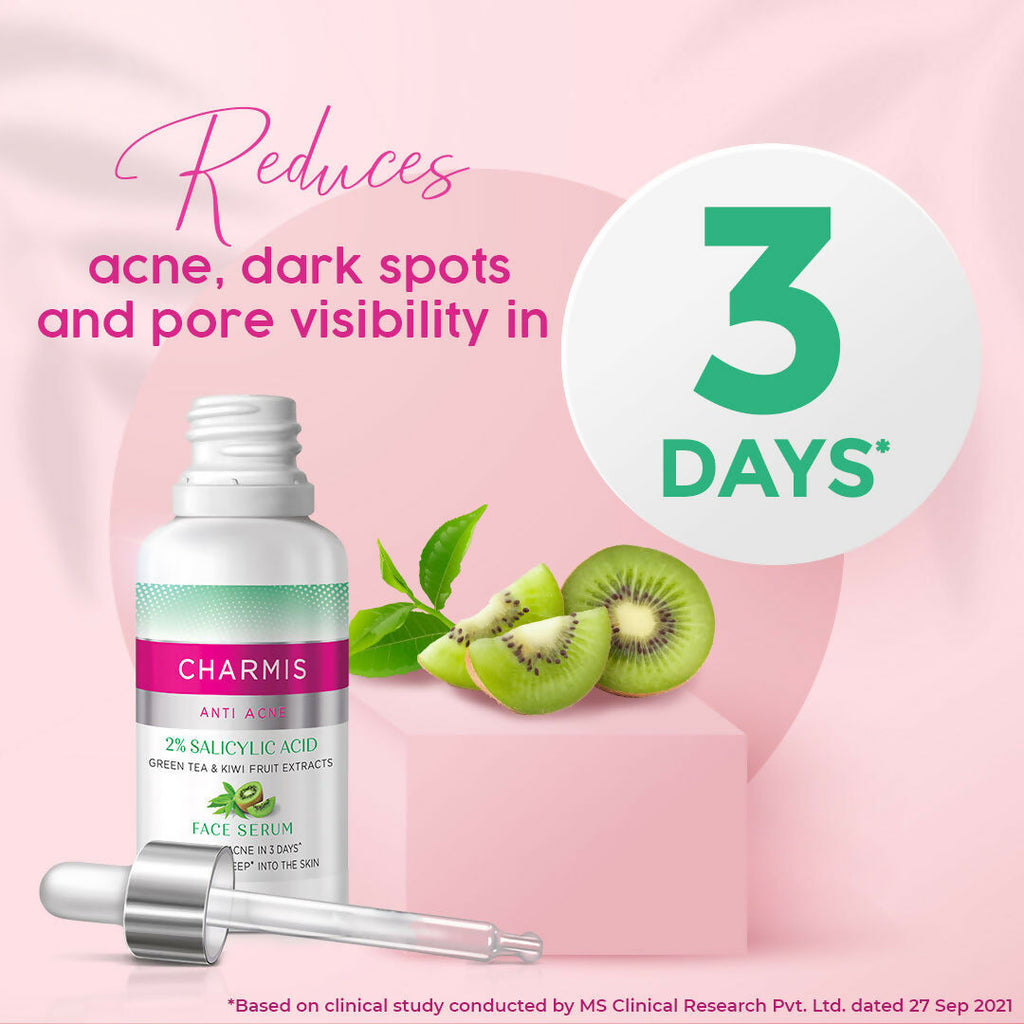 Charmis Anti Acne 2% Salicylic Acid Face Serum with Green Tea & Kiwi Extracts for Clear & Glowing Skin | Grocsy