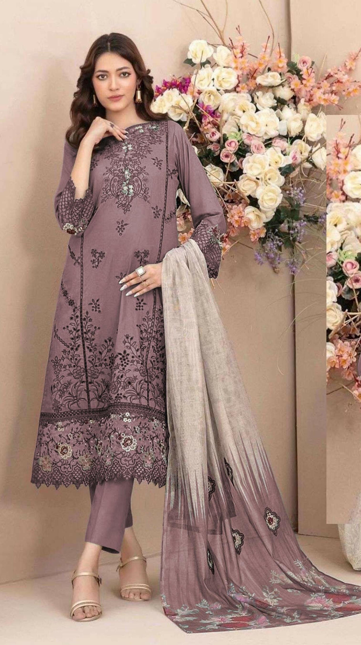 Anaita Mauve Cambric Cotton Stitched Suit with Embroidery & Sequence Work | Grocsy