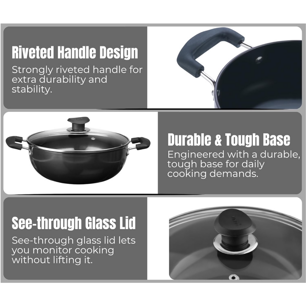 Vinod Black Pearl Hard Anodised Non Stick Deep Kadai with Glass Lid - 24 cm | Grocsy