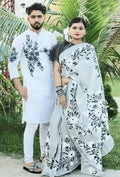 Exclusive Collection Elegant Hand Printing Designe On Pure Cotton Saree And Men's Kurta - White | Grocsy