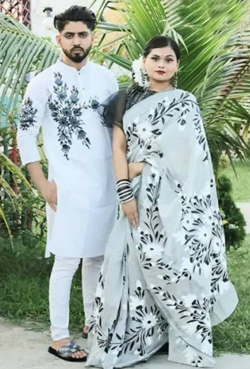 Exclusive Collection Elegant Hand Printing Designe On Pure Cotton Saree And Men's Kurta - White | Grocsy