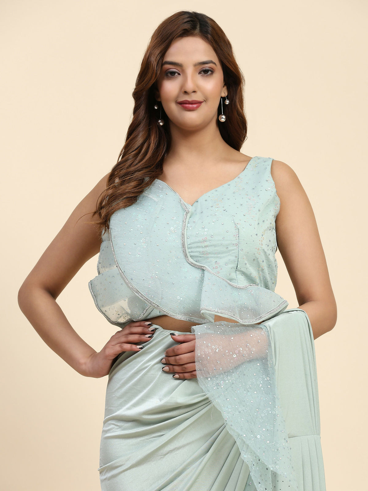 Light Blue Lycra Solid Ready to Wear Saree with stitched Blouse - Nita | Grocsy