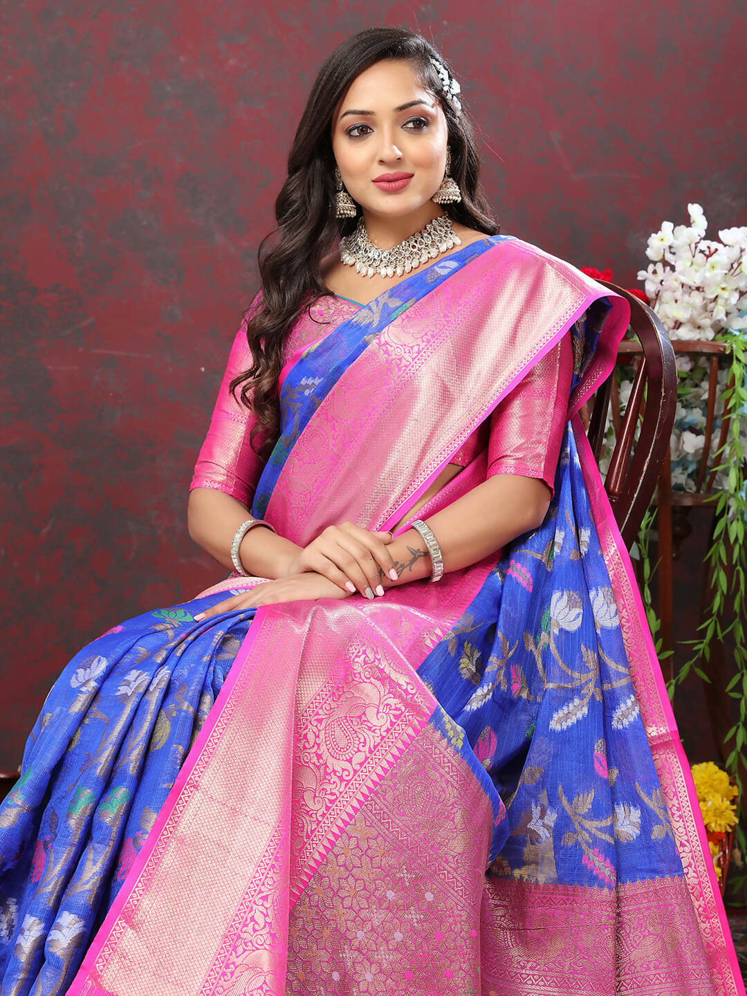 Lorenvalley Fashion Blue Cotton Woven Design Zari Meenakari Weaving Saree | Grocsy