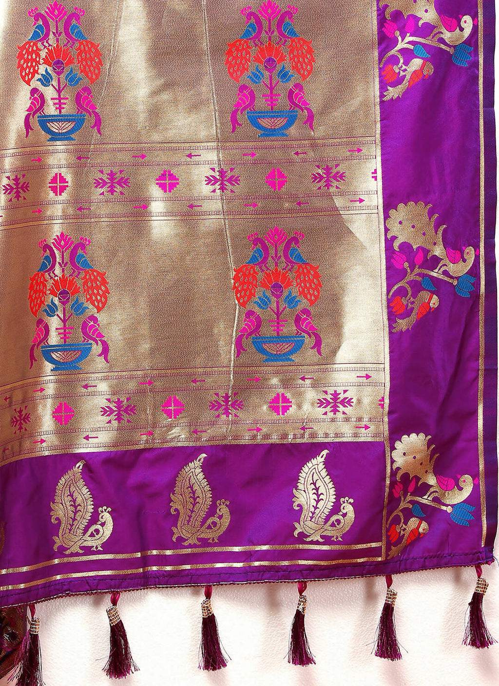 Lorenvalley Fashion Wine Soft Paithani Silk Woven Design Copper Zari Meenakari Weaving Saree | Grocsy