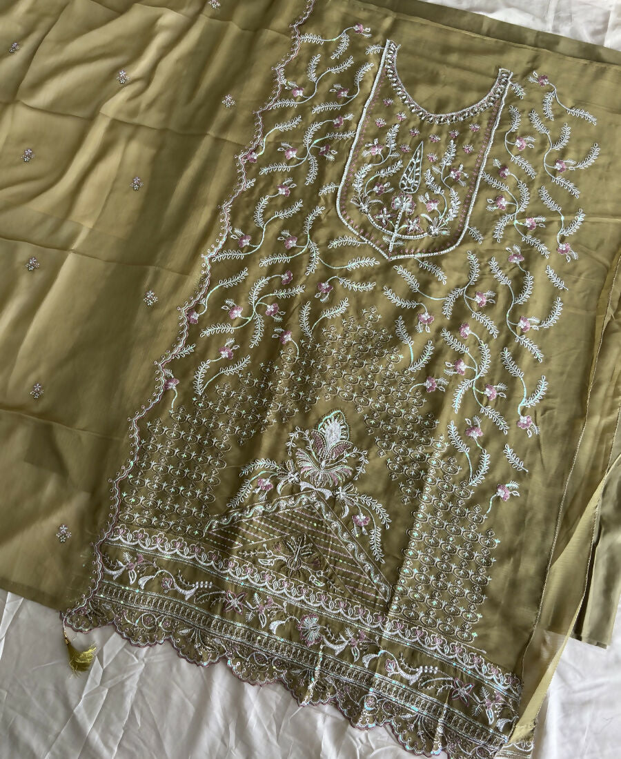 KC Beautiful Mustard Chiffon Silk Hand Embroidery Suit For Women | Grocsy