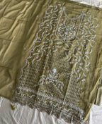 KC Beautiful Mustard Chiffon Silk Hand Embroidery Suit For Women | Grocsy