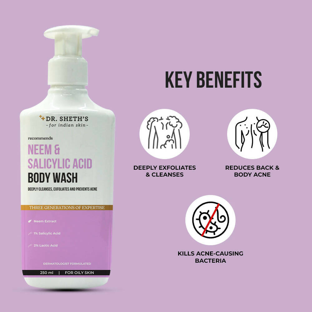 Dr. Sheth's Neem & Salicylic Acid Body Wash For Body Acne, Anti-bacterial AHA BHA Body Wash | Grocsy