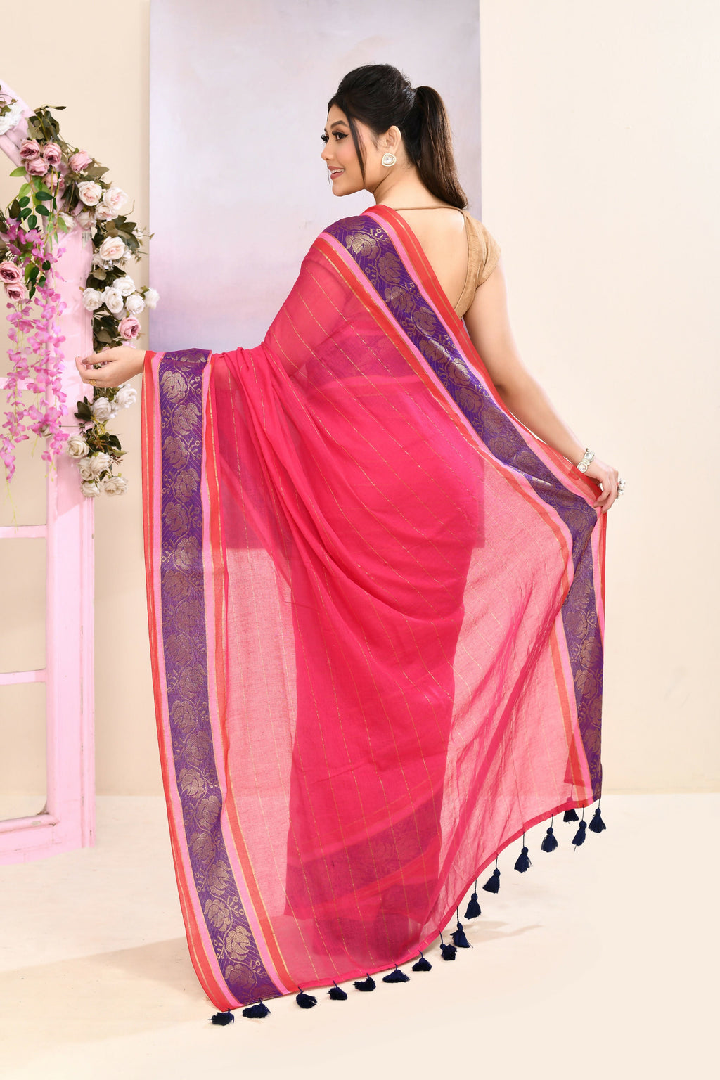 Piyari Fashion Women's Rani Pink Embellished Zari Border Cotton Saree | Grocsy