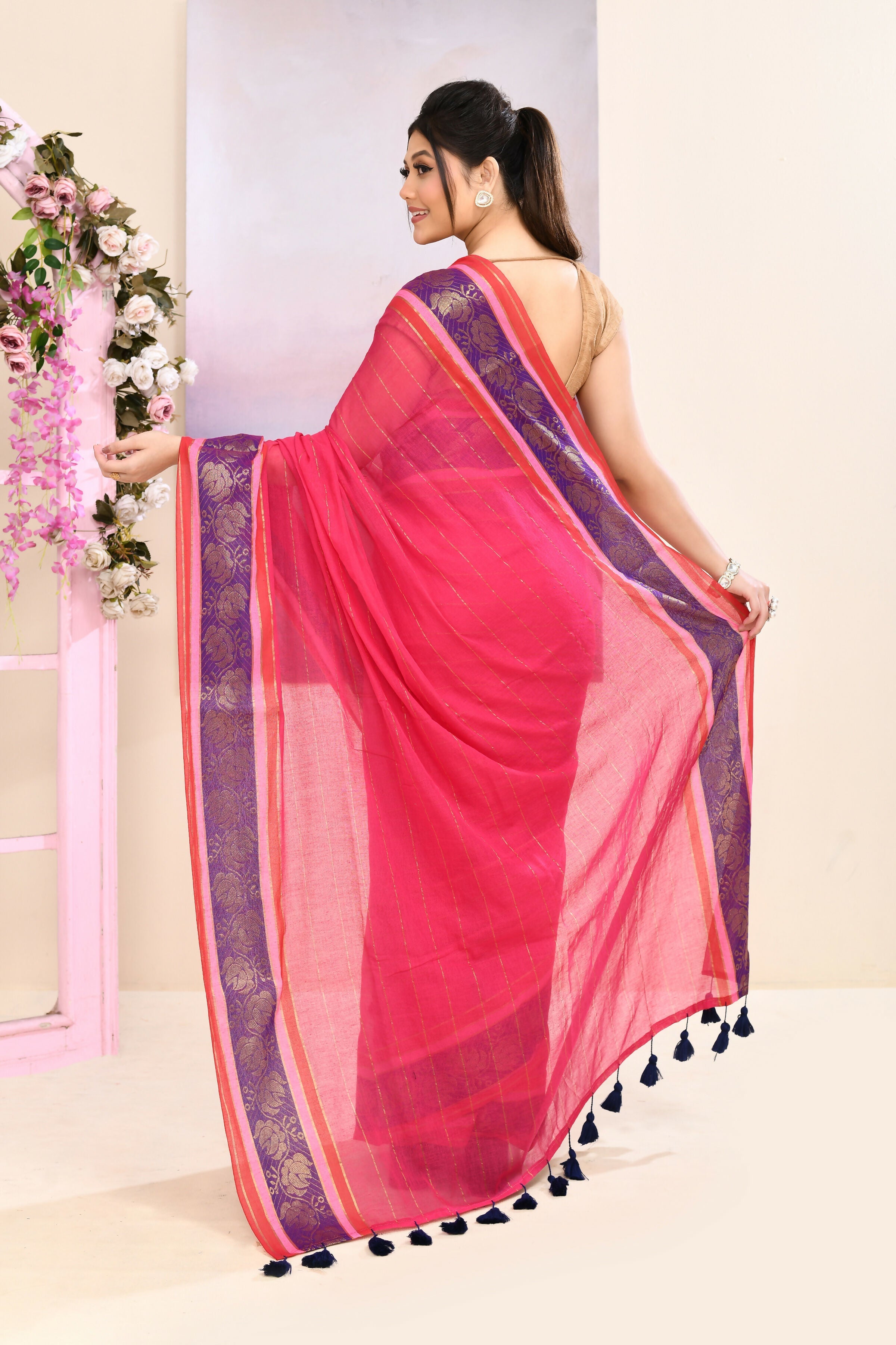 Piyari Fashion Women's Rani Pink Embellished Zari Border Cotton Saree | Grocsy