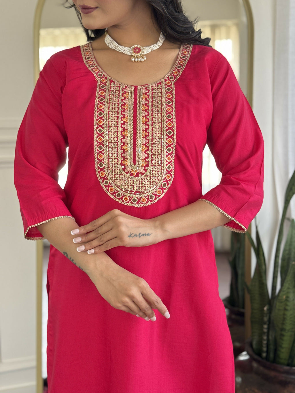 The52 Rani Gorgeous Embroidered Chanderi Silk Fabric Straight Kurta Pant with Dupatta Set | Grocsy