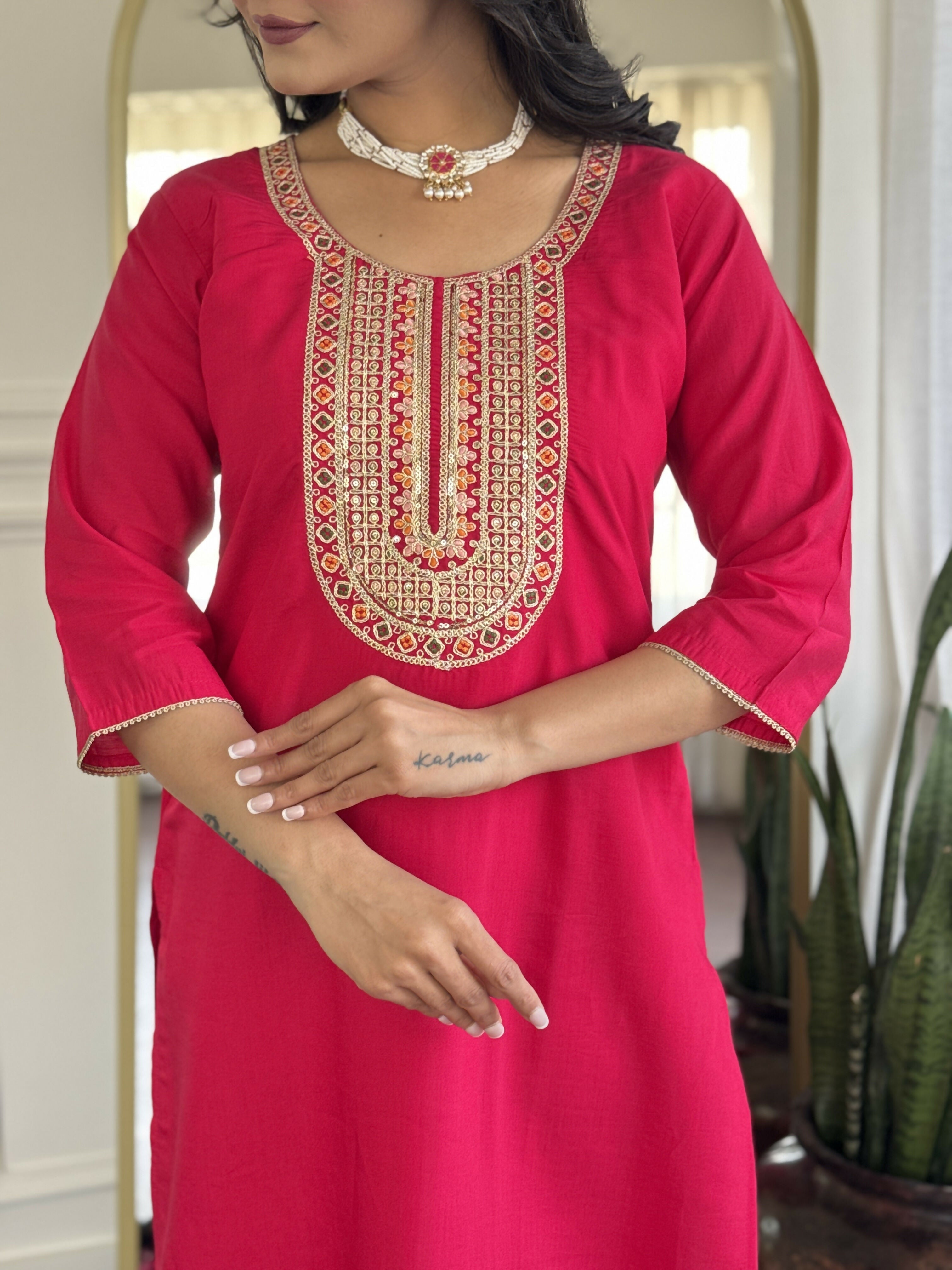 The52 Rani Gorgeous Embroidered Chanderi Silk Fabric Straight Kurta Pant with Dupatta Set | Grocsy