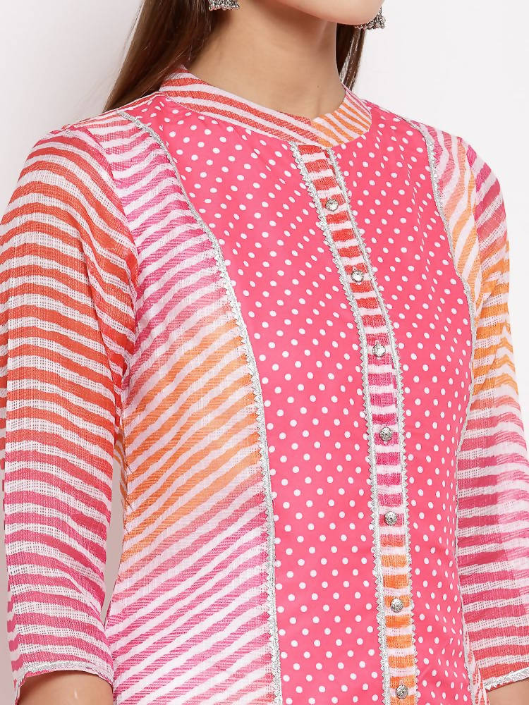 Myshka Women's Pink Cotton Printed 3/4 Sleeve Round Neck Casual Kurta | Grocsy