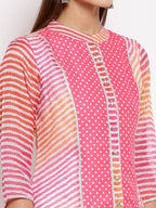 Myshka Women's Pink Cotton Printed 3/4 Sleeve Round Neck Casual Kurta | Grocsy