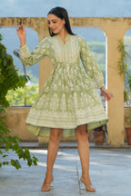 Juniper Women's Green Rayon Floral Printed Short Tiered Dress | Grocsy