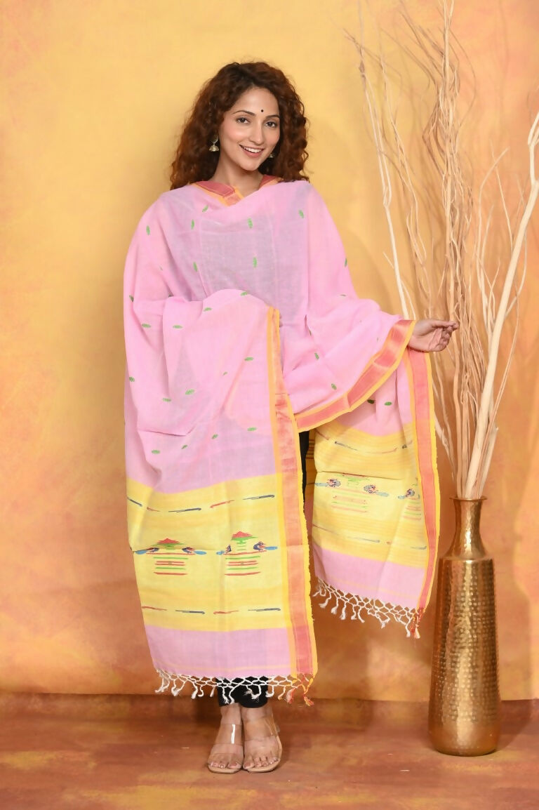 Very Much Indian Handloom Pure Cotton Paithani Dupatta Pink | Grocsy