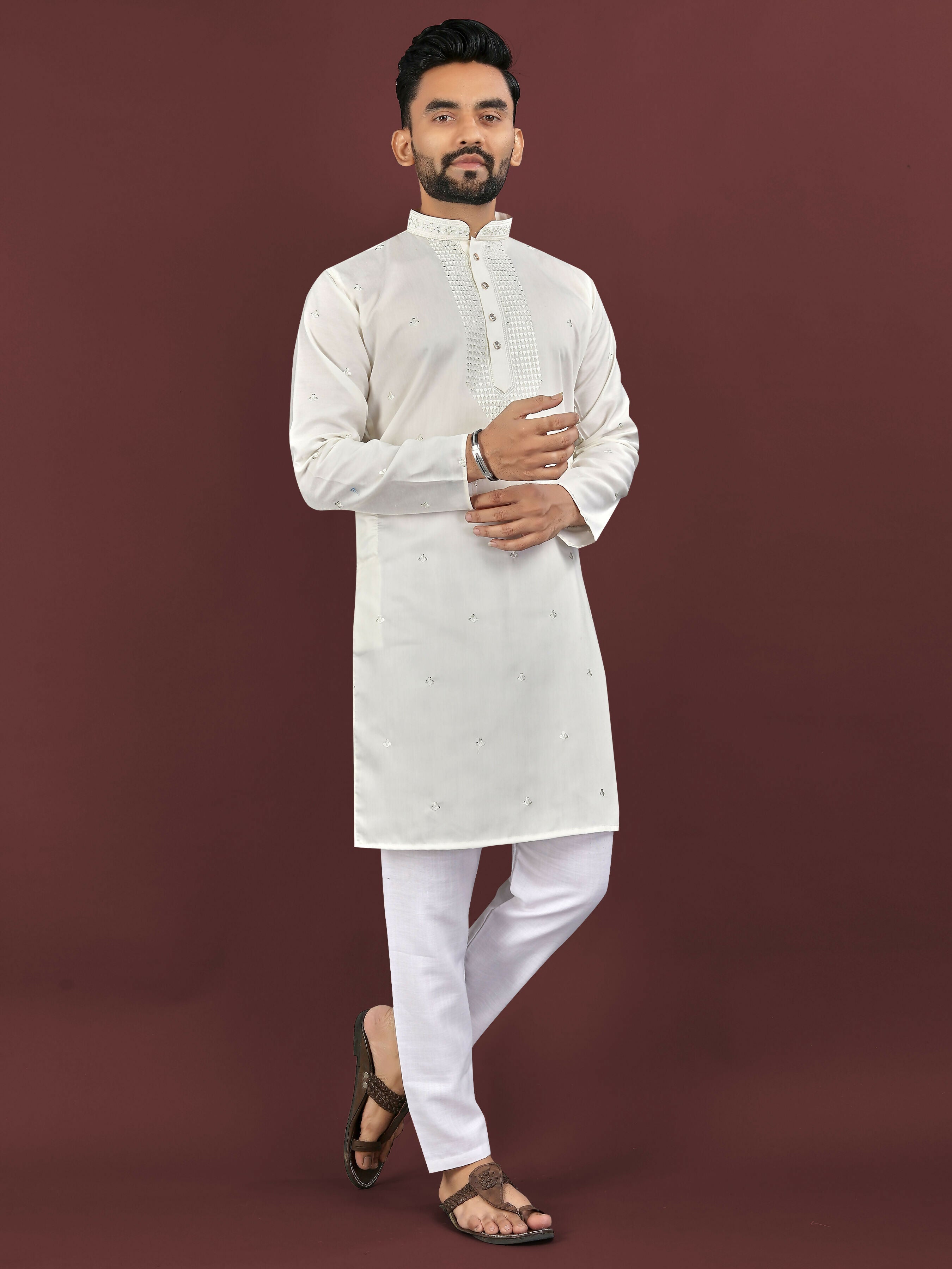 Anaita Beige Embroidered Silk Straight Kurta | Grocsy