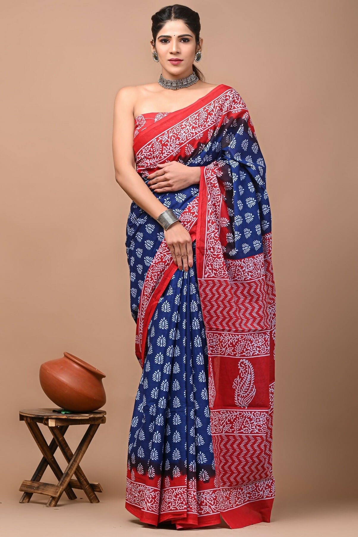 Exclusive Collection Blue Red Beautiful Mulmul Cotton Saree | Grocsy