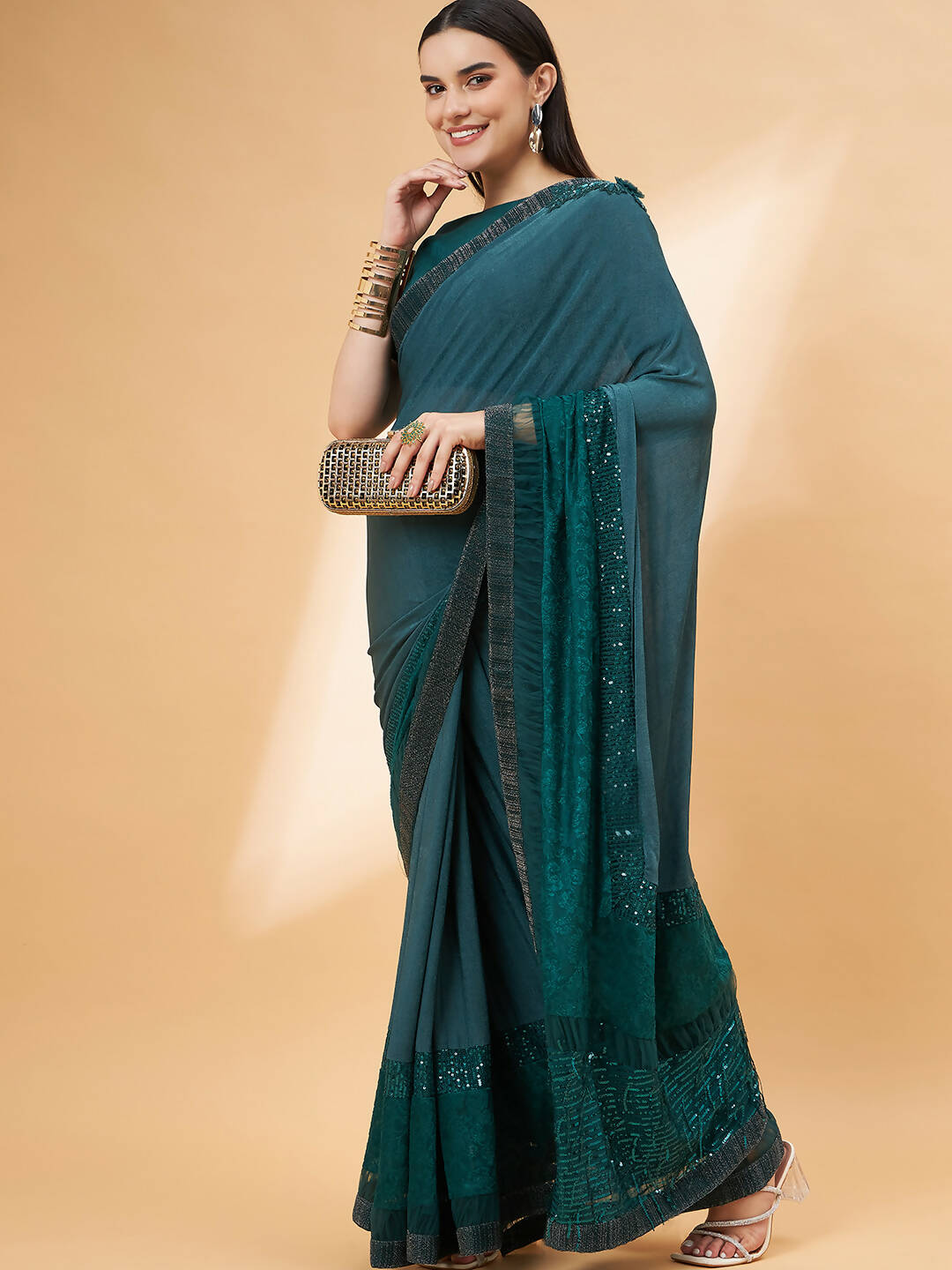 Green Lycra Flock Work, Seuqins Embroidery, Handwork Shoulder Butta Saree - Norita Hit Design | Grocsy