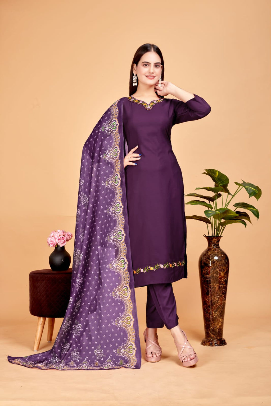 Women's Embroidered Purple Kurta Set with Dupatta Set - A2M | Grocsy