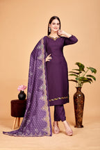 Women's Embroidered Purple Kurta Set with Dupatta Set - A2M | Grocsy