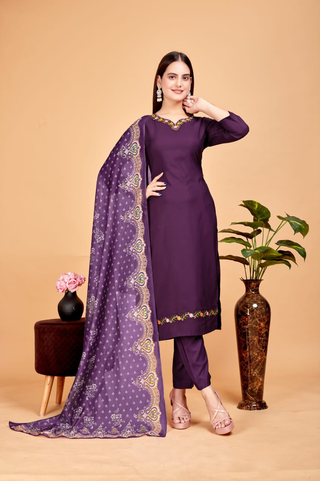 Women's Embroidered Purple Kurta Set with Dupatta Set - A2M | Grocsy