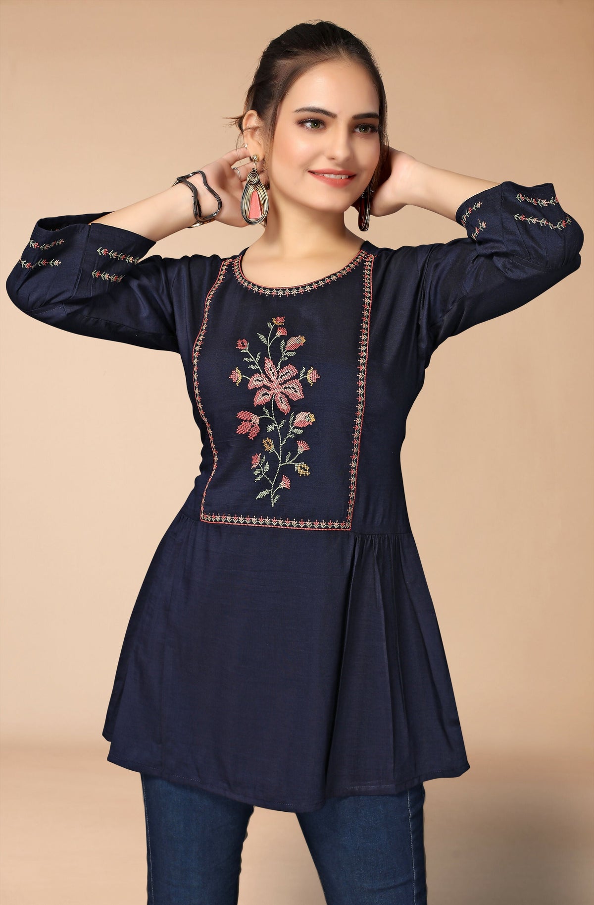 Women's Navy Blue Viscose blend Embroidered Short Top - Marina | Grocsy